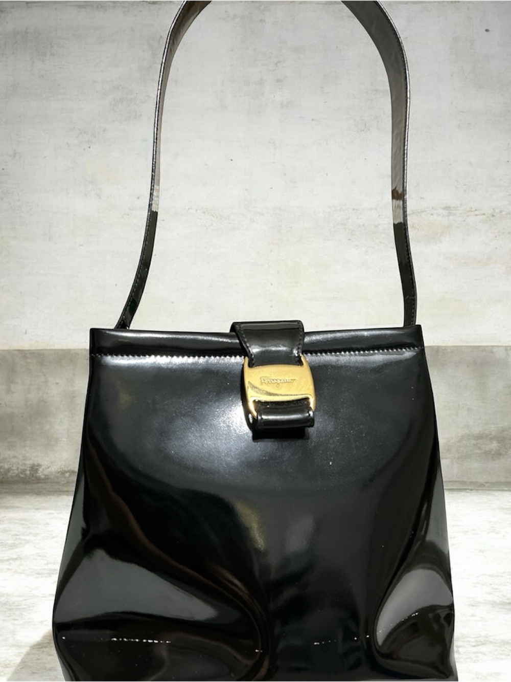 Salvatore Ferragamo Black Patent Shoulder Bag with Gold Clasp